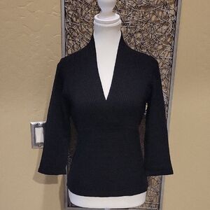 White House Black Market Elegant Black Silk V-Neck 3/4 Sleeve Sweater. NWOT